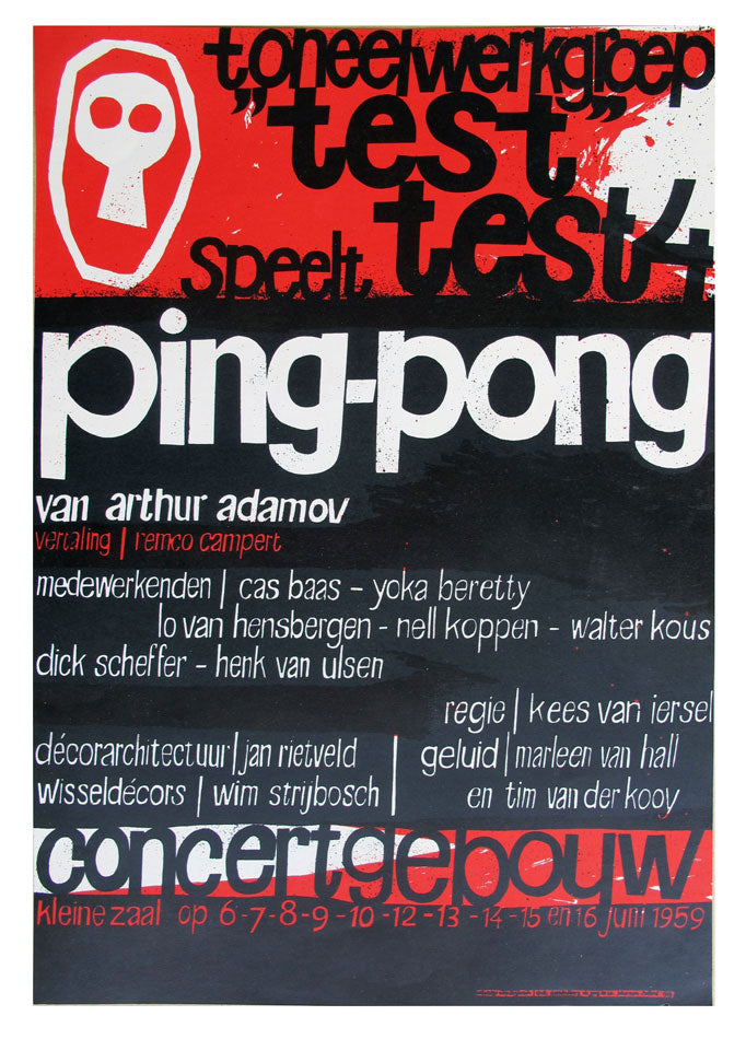 Original Vintage Wim Strijbosch Poster - Ping-Pong - Concertgebouw - 1959