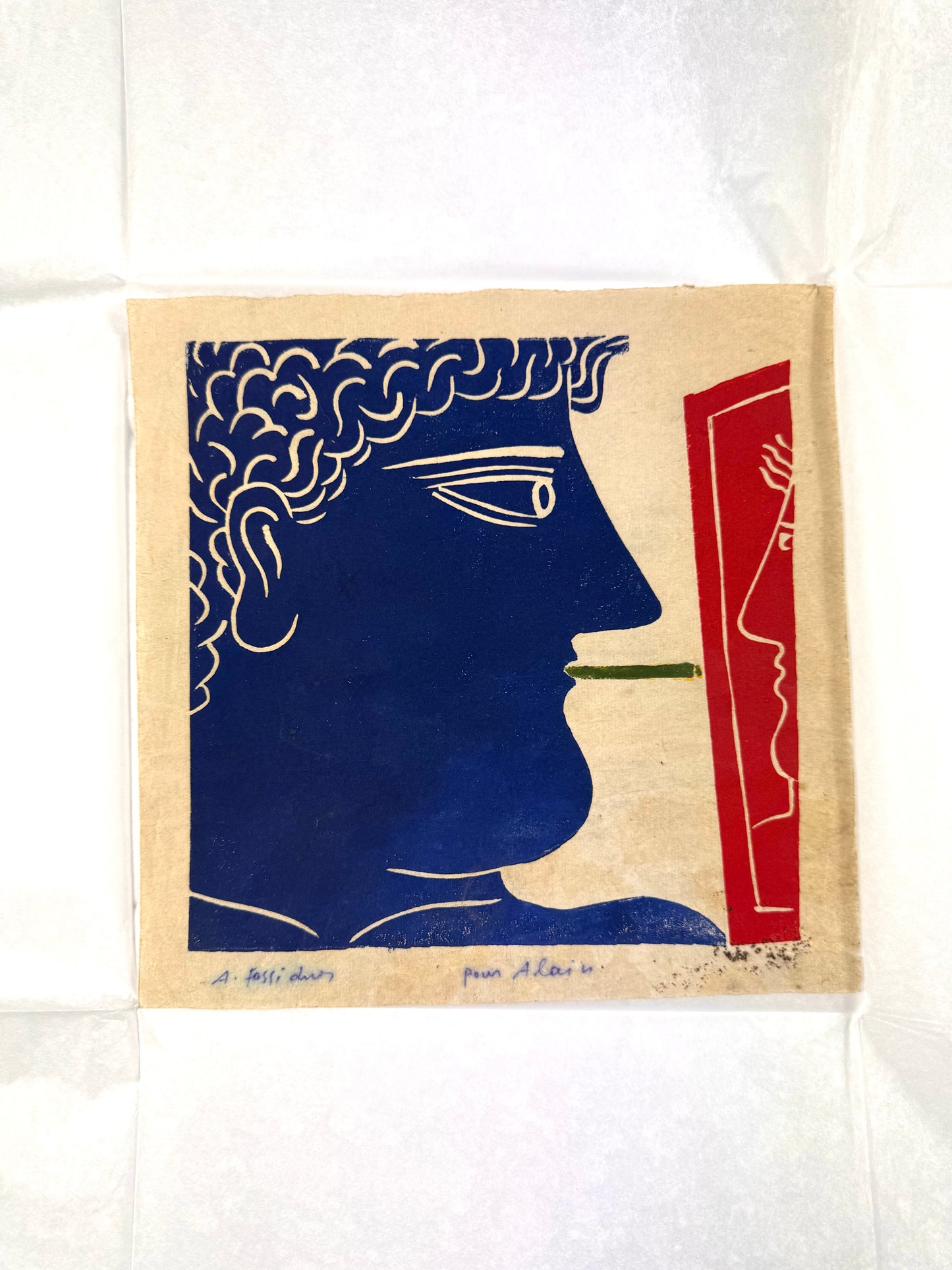 Framed Original Alekos Fassianos Linocut - The Smoker, 1969