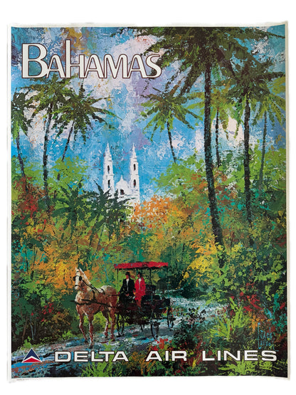 Framed Original Vintage Delta Air Lines Bahamas Poster, 1970