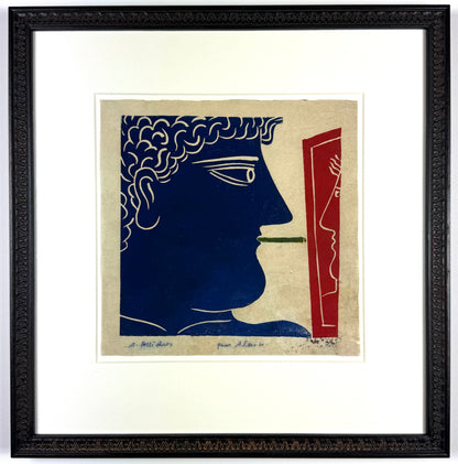 Framed Original Alekos Fassianos Linocut - The Smoker, 1969